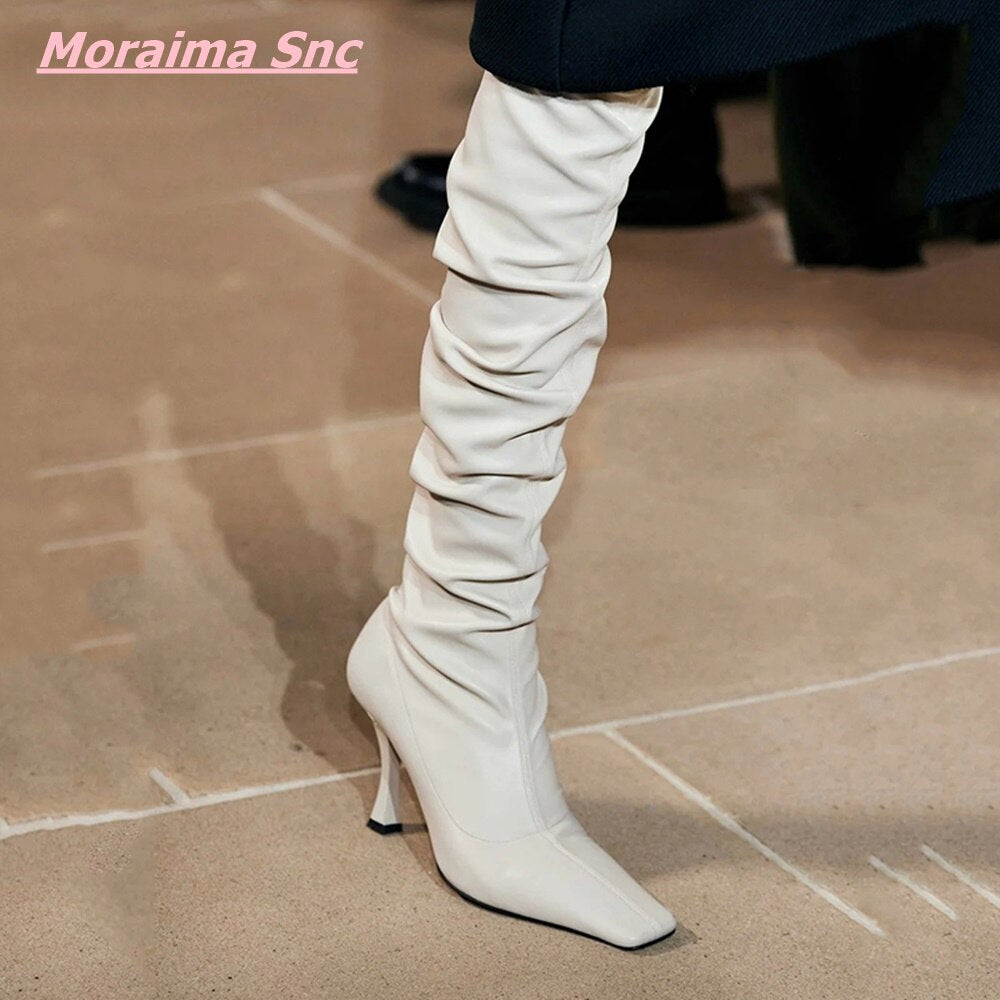 Summer Autumn Sexy Women'S Boots Newest Catwalk Square Toe Over Knee Concise Thin High Heel Novelty Solid Leather Fashion Shoes