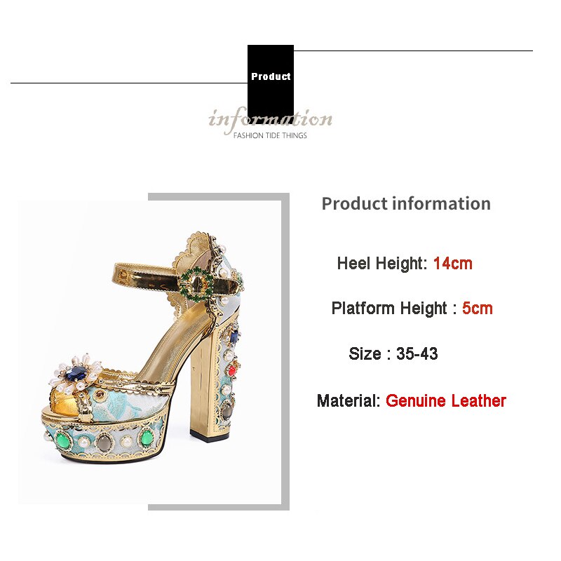 Summer Leather women sandals gold roman gladiator sandals square heel pearl sandles women platform sandals big size 41 42