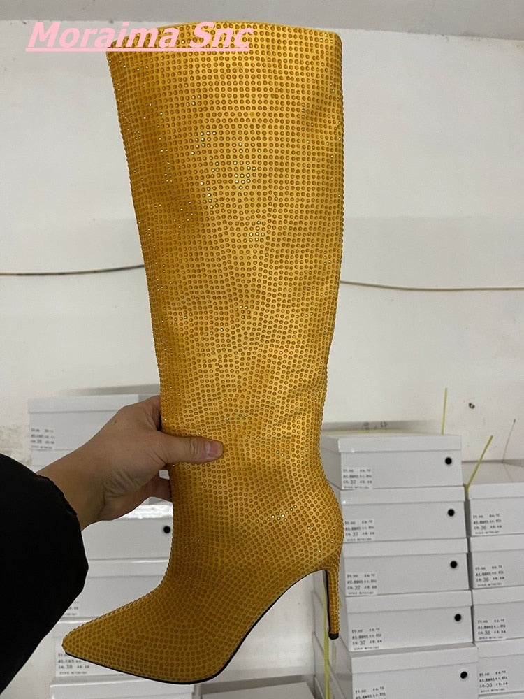 BlingBling Fashion Knee-High Boots Genuine Leather Pointed Toe Solid Thin High Heel Sexy Rhinestones Comfortable Cool Catwalk