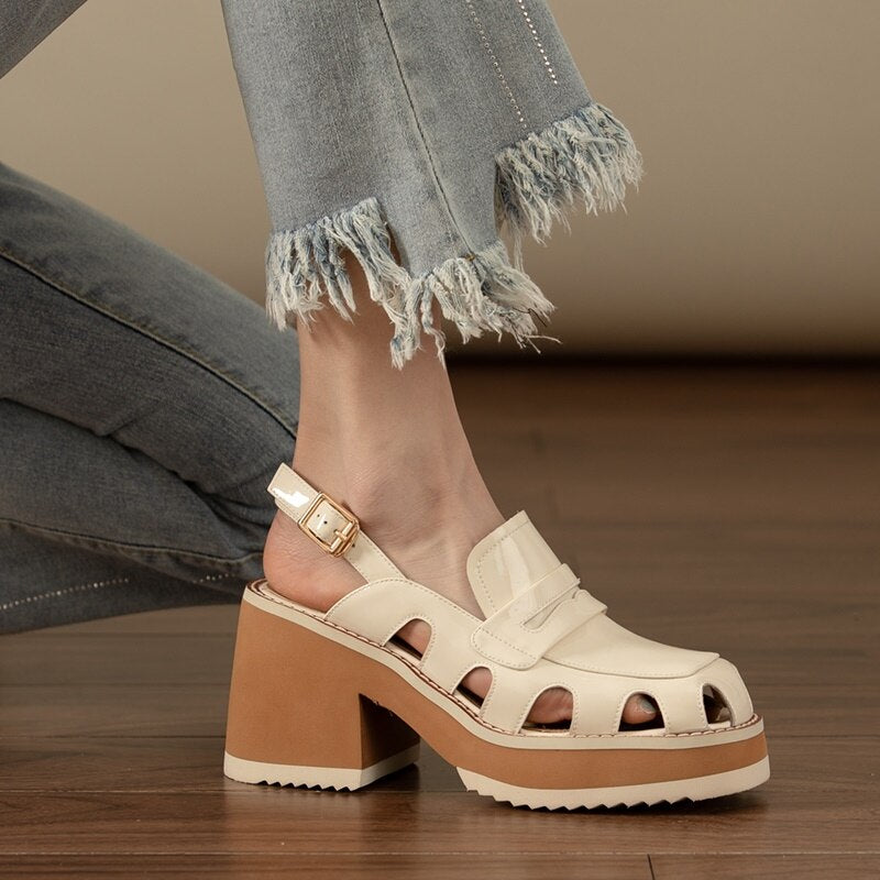 Muffin Thick Bottom Hollow Breathable New Retro Thick Bottom Toe Leather Back Empty Belt Sandals