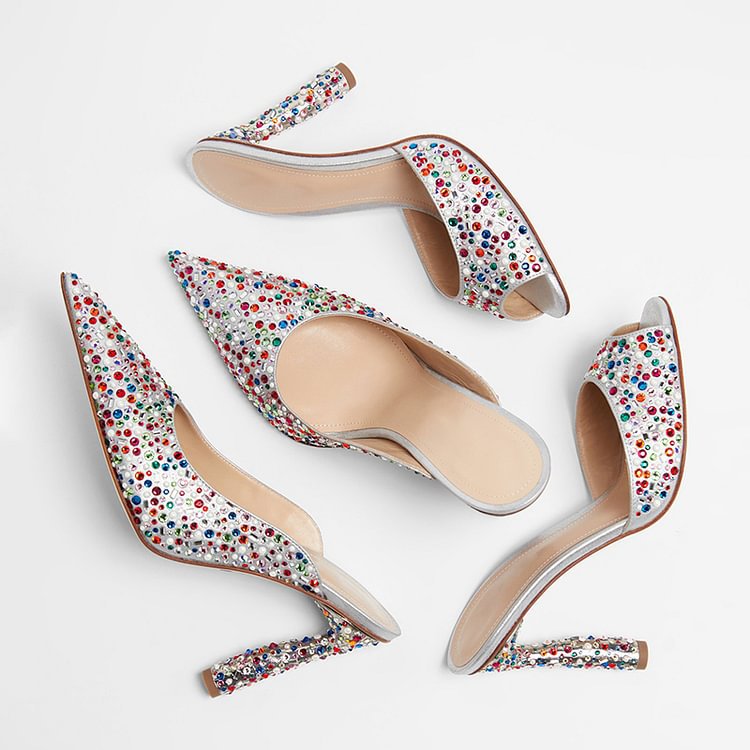 Colorful diamond women's sandals, pointed irregular slim heels, women's shoes
