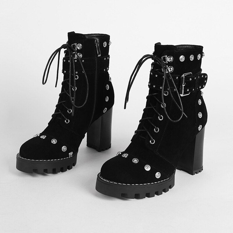 Genuine Leather Spring and Autumn Women's Shoes Round Head Thick Heel High Heel Frosted Lace up High Heel Large Shoes