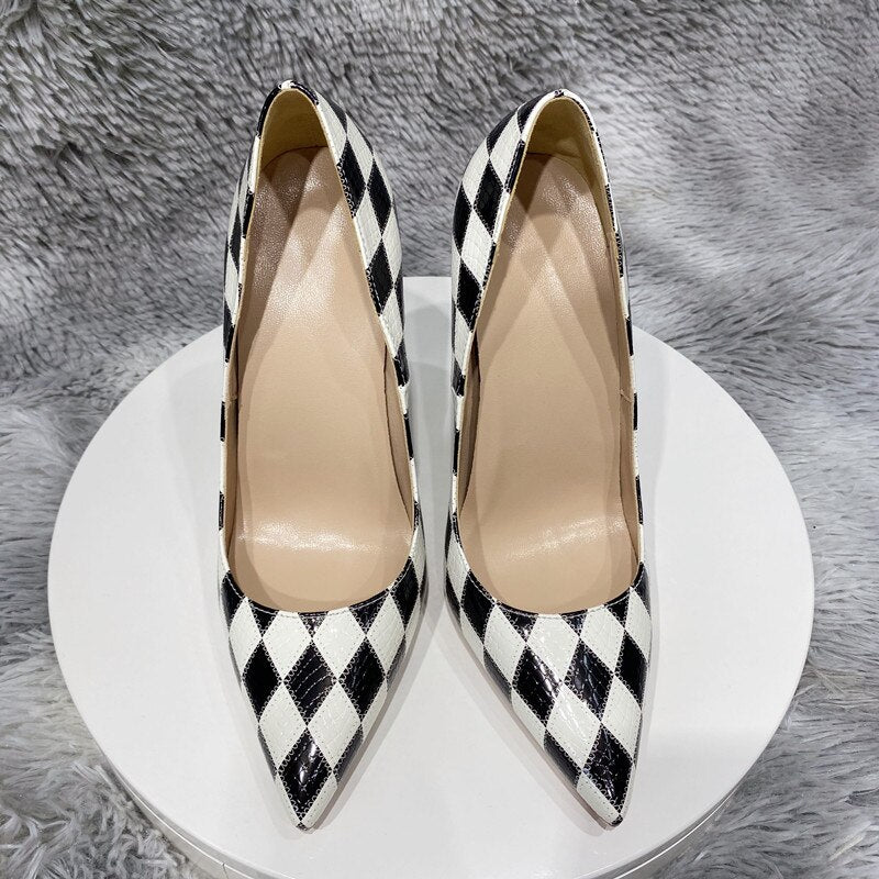 Tikicup Black White Diamond Crocodile Effect Women Pointy Toe High Heel Shoes Designer Slip On Stiletto Pumps 8cm 10cm 12cm