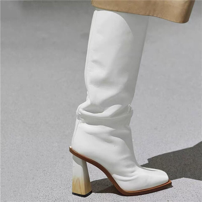 Autumn and Winter New Thick High-heeled Shaped Heel High Boots Square Toe Long Boots Large Size Women's Boots