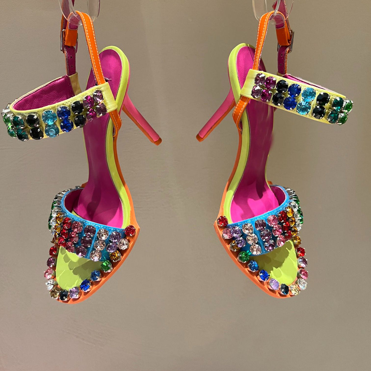 Newest Rhinestones High Heel Sandals Summer Open Toe Ankle Strap Dress Shoes Colorful Stones Wedding Heels