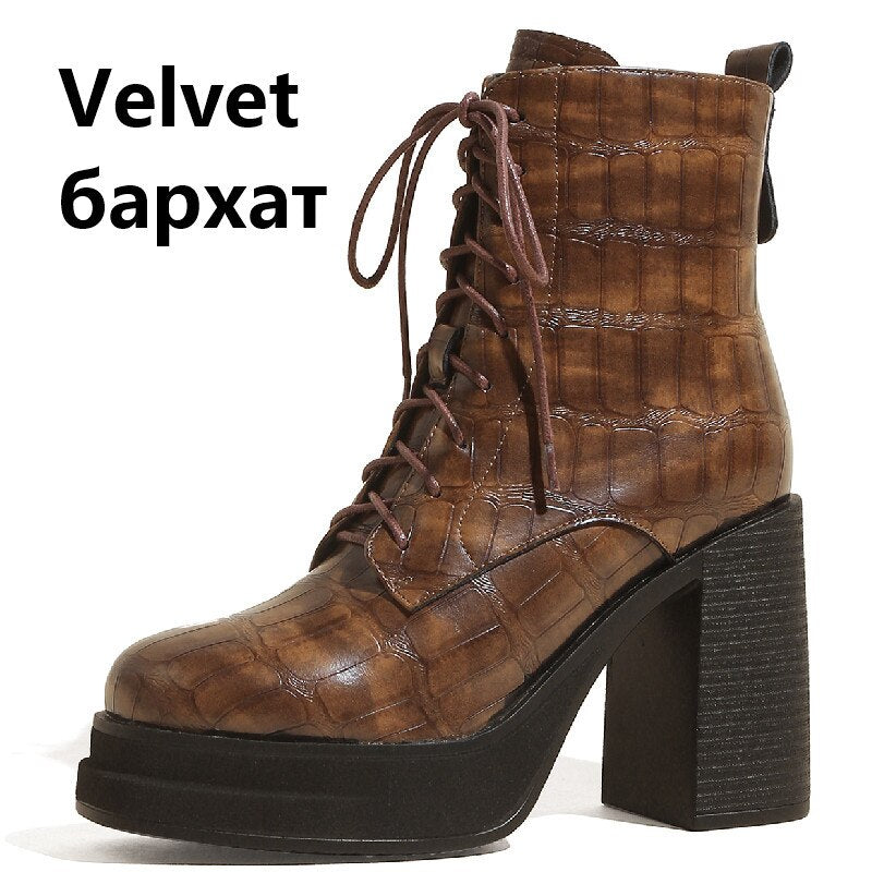 Women Ankle Boots Retro Fashion Office Ladies Chunk Platforms Thick High Heels Genuine Leather Shoes Autumn Winter