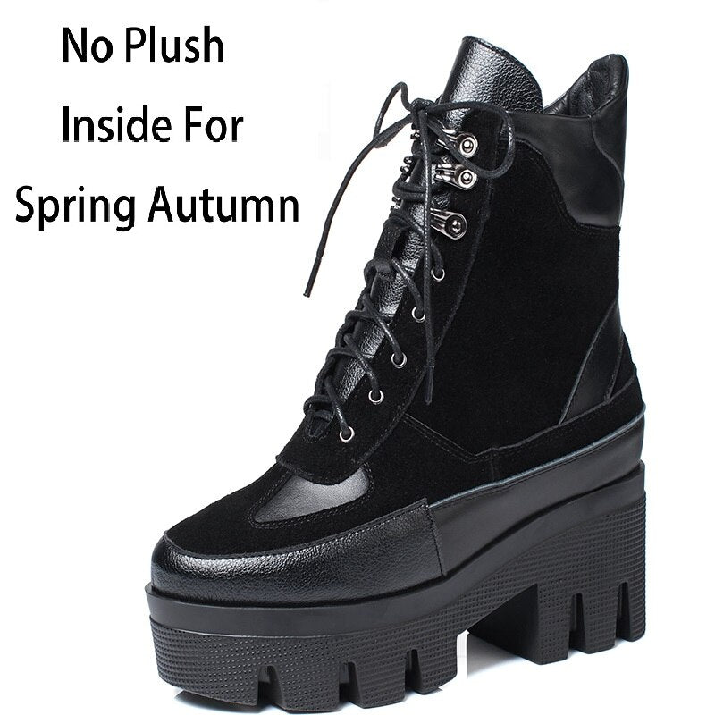 Winter Cow Leather Lace-up Women Chunky Platform Genuine Leather Ankle Boots Spring Autumn Real Leather Short Boots