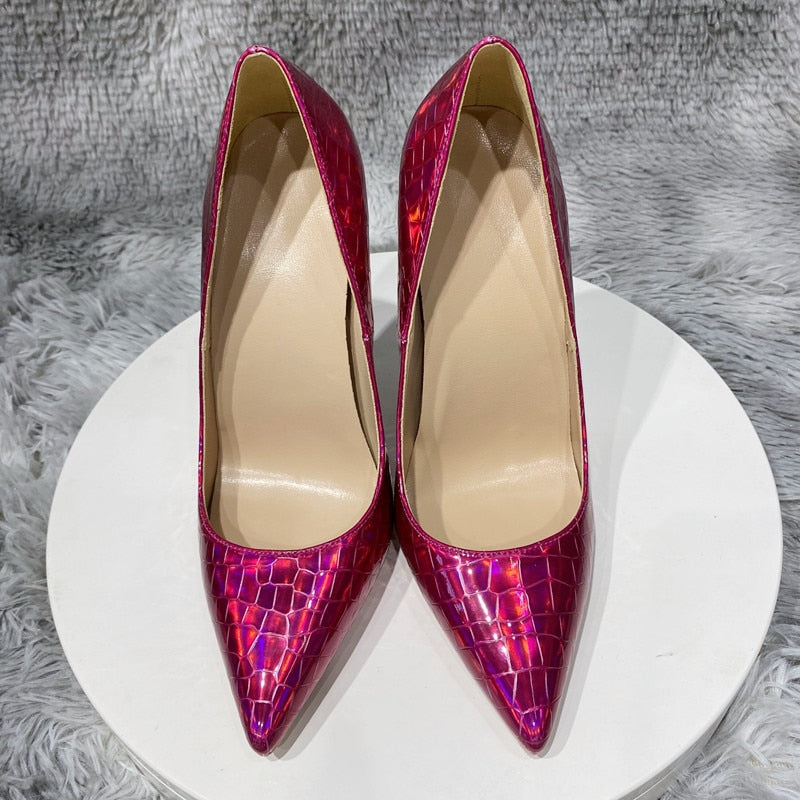 Tikicup Rose Laser Crocodile Effect Women Pointy Toe High Heel Party Dress Shoes Sexy Ladies Shiny Stiletto Pumps 8cm 10cm 12cm