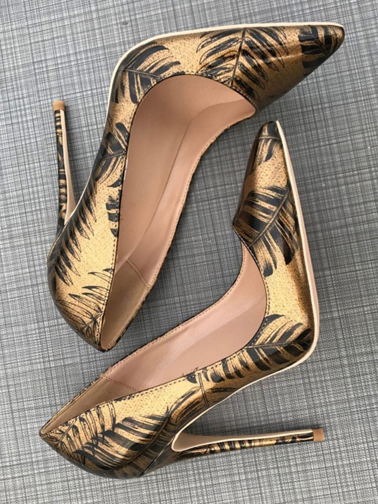 Women Pattern Printed Gold Patent Pointed Toe High Heels Plus Size 34-45 Sexy Ladies Chic Stiletto Pumps Fashion Shoes
