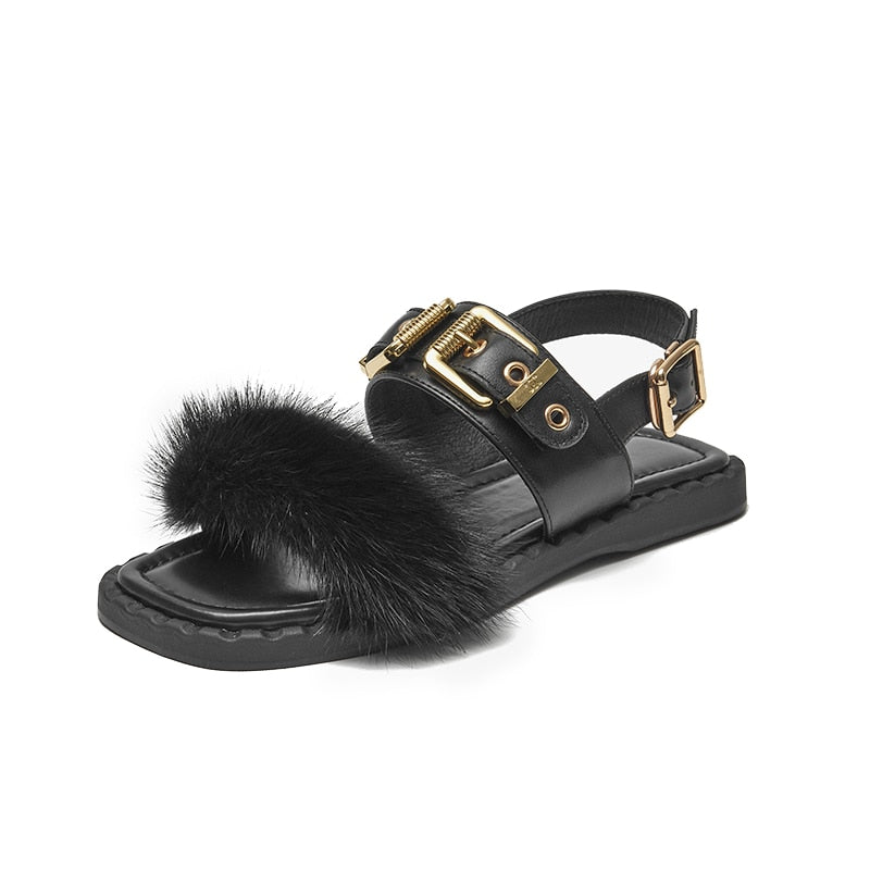 Sandals Women Cow Leather Square Toe Mink design Buckle Strap Elegant Female Flat Shoes Handmade