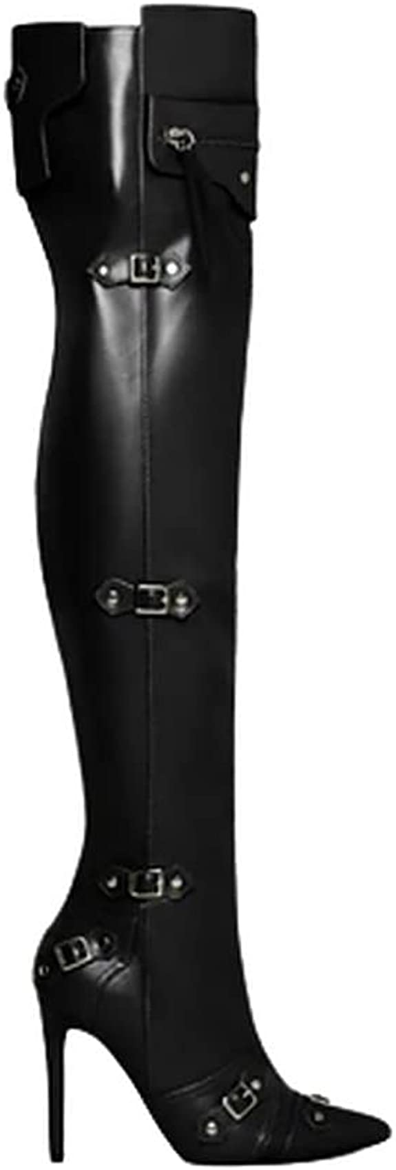 Solid Sexy Pointy Knee Length Belt Buckle Thin Heel Stage Boots Fashion High Top Boots