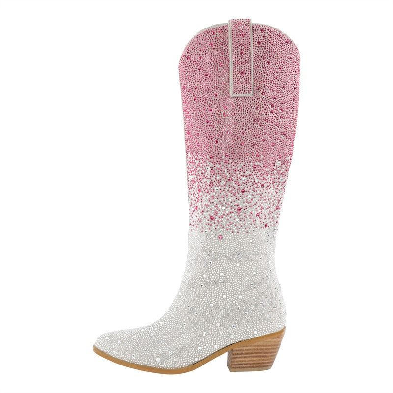 Processing time:7-15days after placing orders Onlymaker Women Pointed Toe Rhinestone Knee High Western Cowgirl Boots Glitter Bling Shiny Block Heel Lady Boots