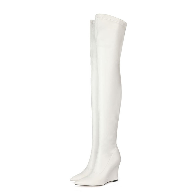 Elegant Woman Thigh High Botas Outdoor Wedges Leather Slip-on Ladies Shoes Thick Bottom Over-knee Boots Big Size 33-43