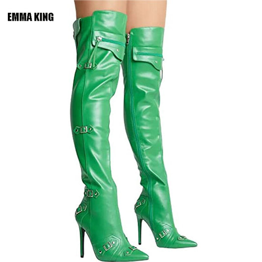 Solid Sexy Pointy Knee Length Belt Buckle Thin Heel Stage Boots Fashion High Top Boots