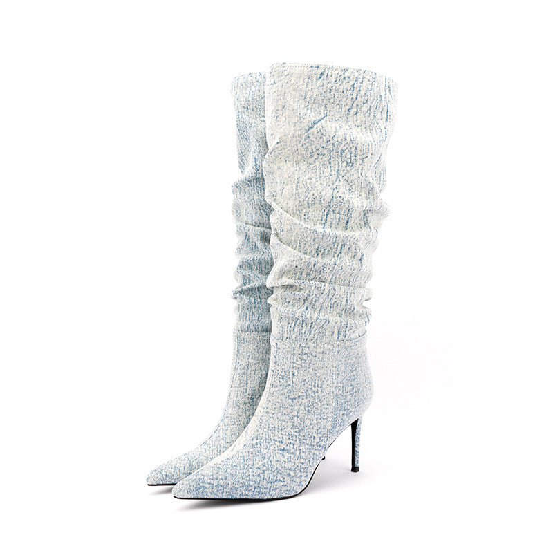 Womens Ethnic Denim Jeans Mid Calf Boots Stilettos High Heel Shoes Pointed Toe Western Luxury Plus Size New