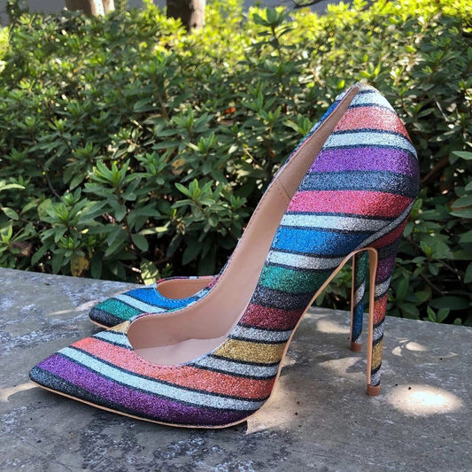 Tikicup Women Rainbow Iridescent High Heels Shiny Glitter Pointy Toe Stilettos Ladies Slip On Pumps Sexy Party Shoes 12/10/8cm