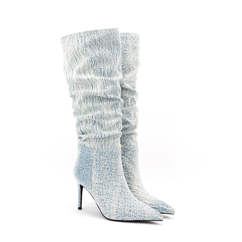 Womens Ethnic Denim Jeans Mid Calf Boots Stilettos High Heel Shoes Pointed Toe Western Luxury Plus Size New