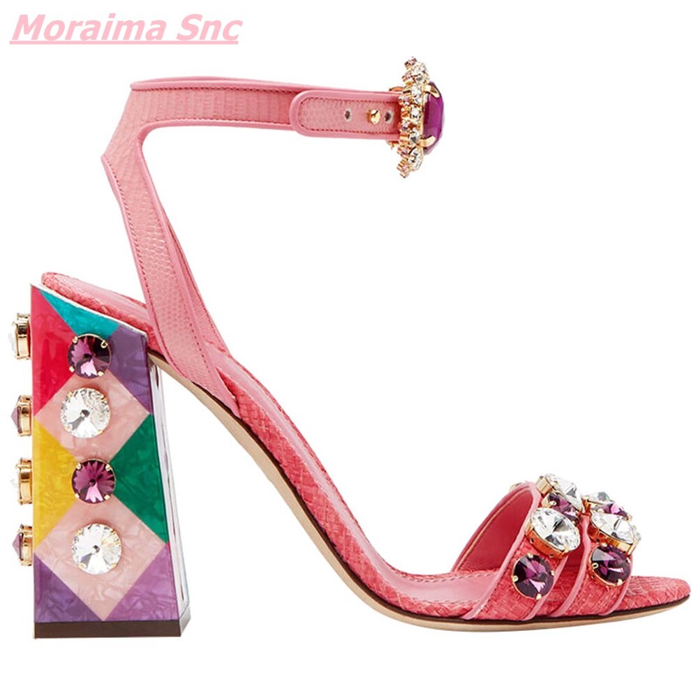 Summer New Pink Sheepskin Women Shoes Button Rhinestone Fairy Retro Sandals 10CM Thick Heel Open Toe Comfortable Party