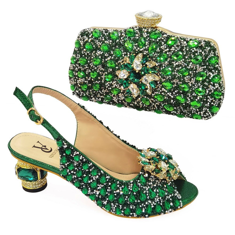Summer buckle gold handbag with high-end diamond shoes, fish mouth shoes, water diamond bag, dinner bag