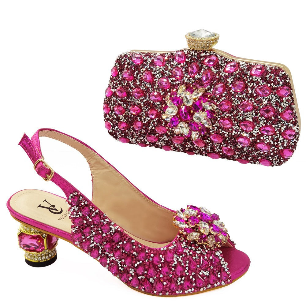 Summer buckle gold handbag with high-end diamond shoes, fish mouth shoes, water diamond bag, dinner bag