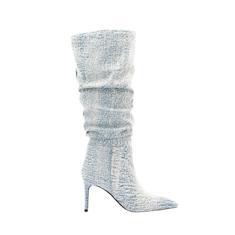 Womens Ethnic Denim Jeans Mid Calf Boots Stilettos High Heel Shoes Pointed Toe Western Luxury Plus Size New