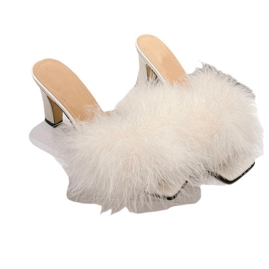Open toed thick heeled camel hair high heeled fur half slippers