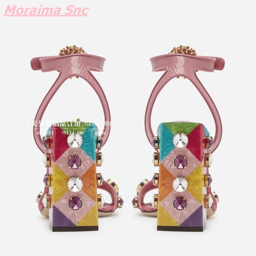 Summer New Pink Sheepskin Women Shoes Button Rhinestone Fairy Retro Sandals 10CM Thick Heel Open Toe Comfortable Party