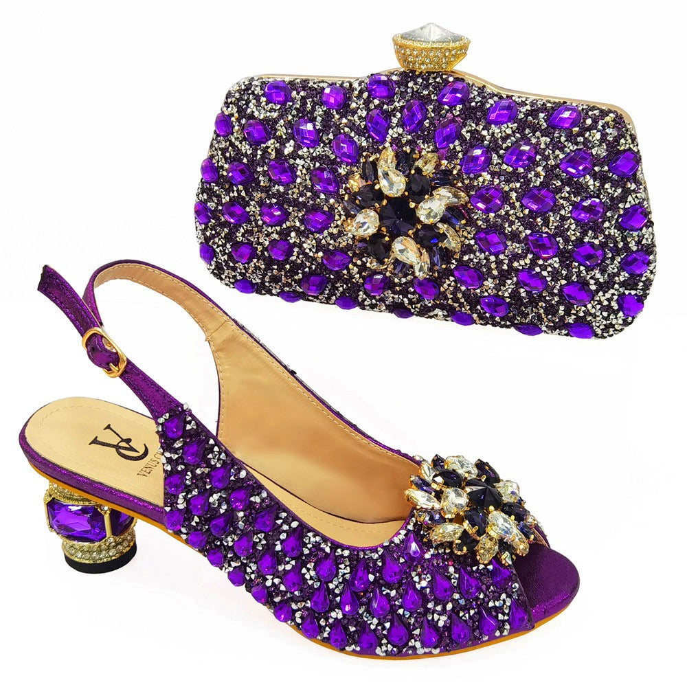 Summer buckle gold handbag with high-end diamond shoes, fish mouth shoes, water diamond bag, dinner bag