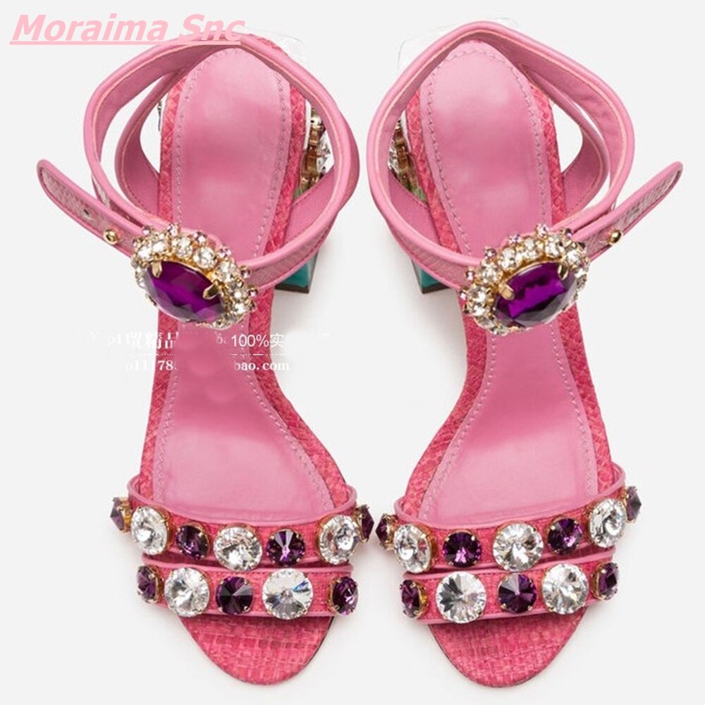 Summer New Pink Sheepskin Women Shoes Button Rhinestone Fairy Retro Sandals 10CM Thick Heel Open Toe Comfortable Party