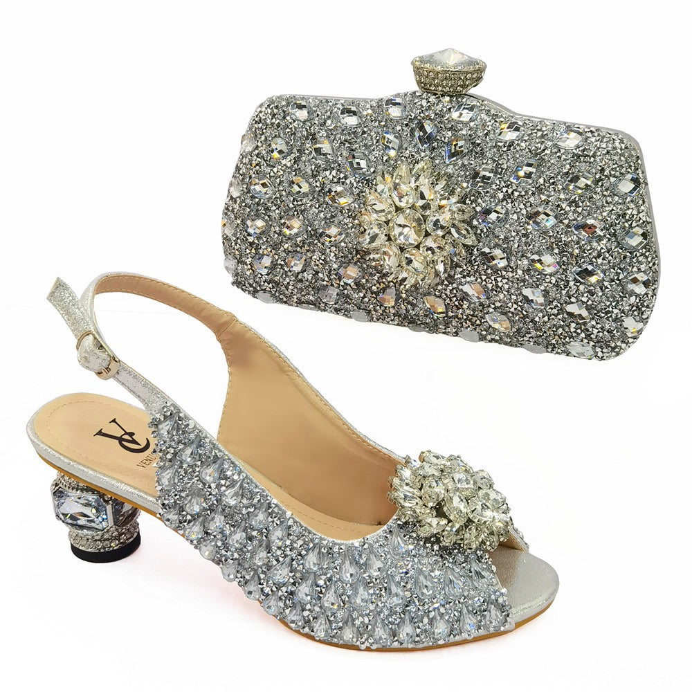 Summer buckle gold handbag with high-end diamond shoes, fish mouth shoes, water diamond bag, dinner bag