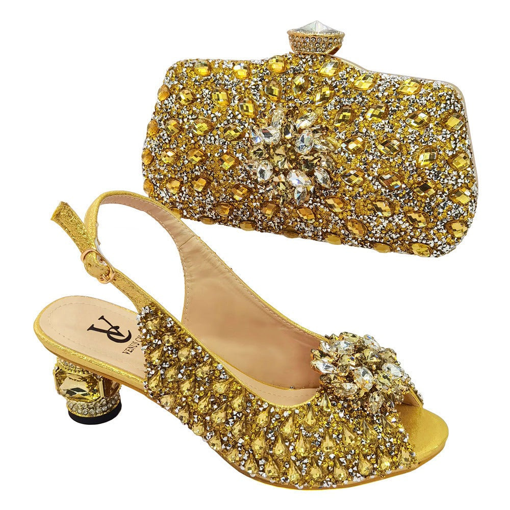 Summer buckle gold handbag with high-end diamond shoes, fish mouth shoes, water diamond bag, dinner bag