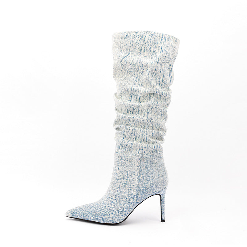 Womens Ethnic Denim Jeans Mid Calf Boots Stilettos High Heel Shoes Pointed Toe Western Luxury Plus Size New