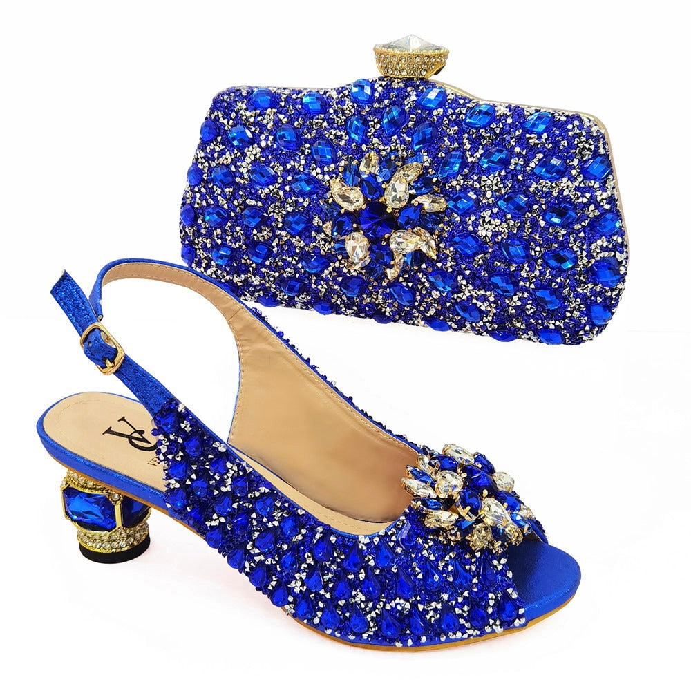 Summer buckle gold handbag with high-end diamond shoes, fish mouth shoes, water diamond bag, dinner bag